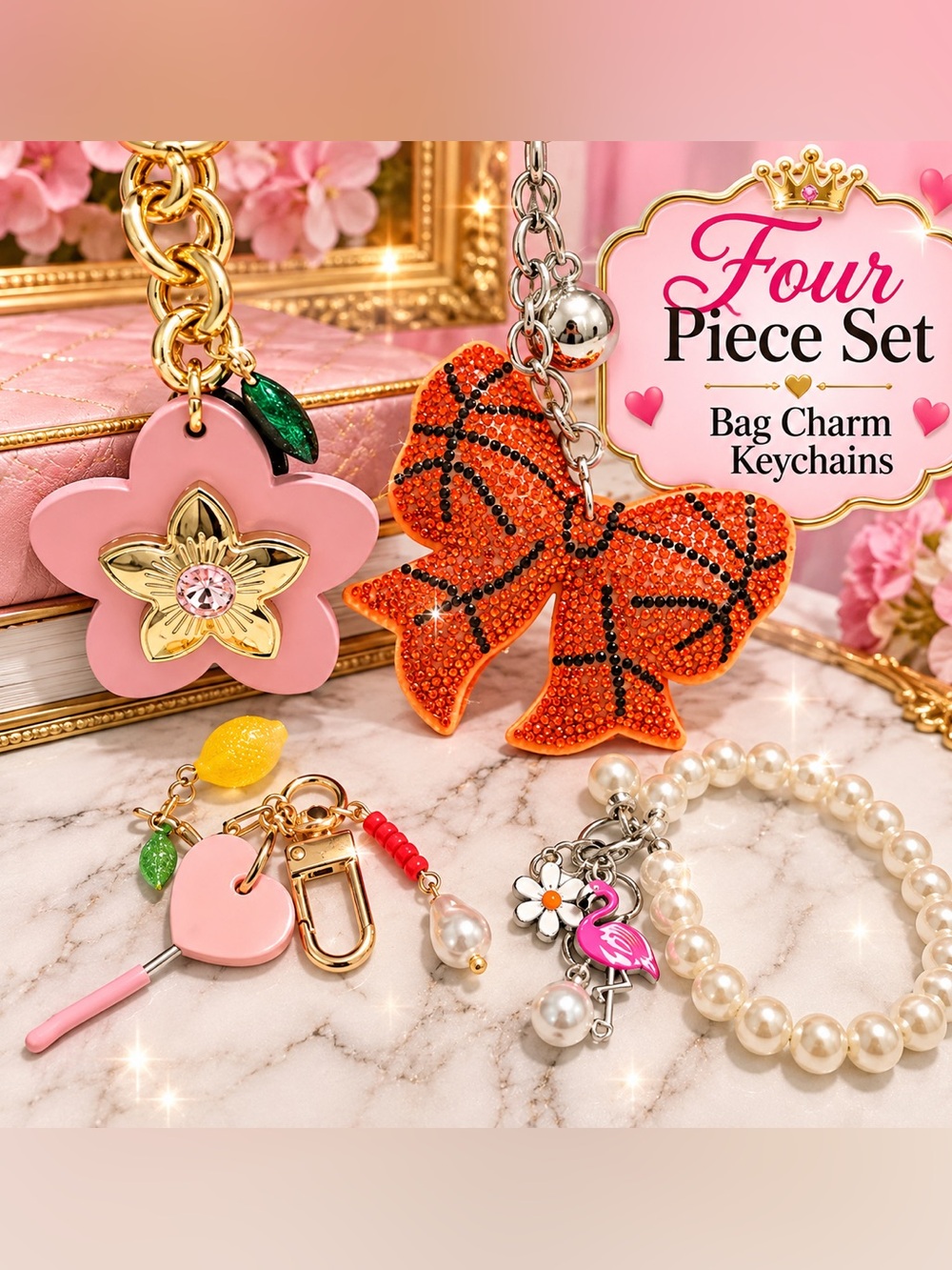 Four-Piece Women’s Bag Charm Keychain Set